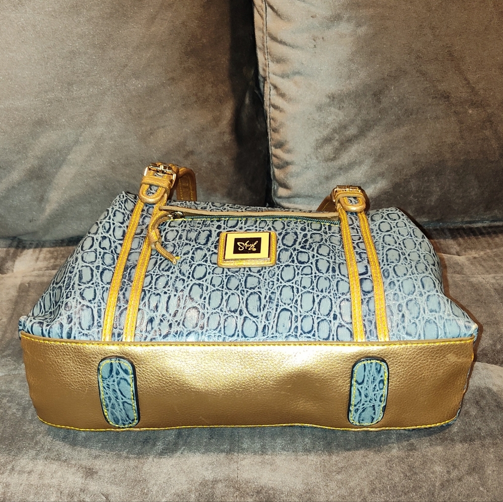 Sharif Blue and Gold Embossed Shoulder Bag - Picture 9 of 16
